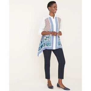 Chico's Scarf Print Shirt Size 3 L Large 16 18 Long Sleeve Oversized Blue White